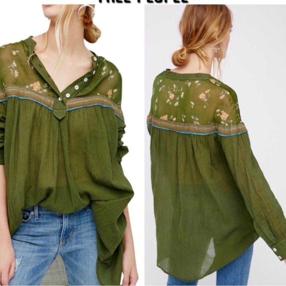 Free People NWT Green gorgeous embroidered Button Down Blouse S